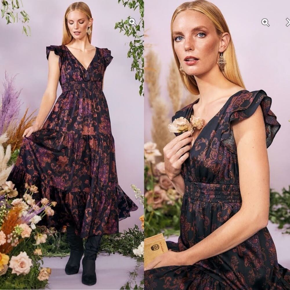 ModCloth Vamped Up Vagabond Maxi Dress Black Paisley Pattern Cotton Dress Large